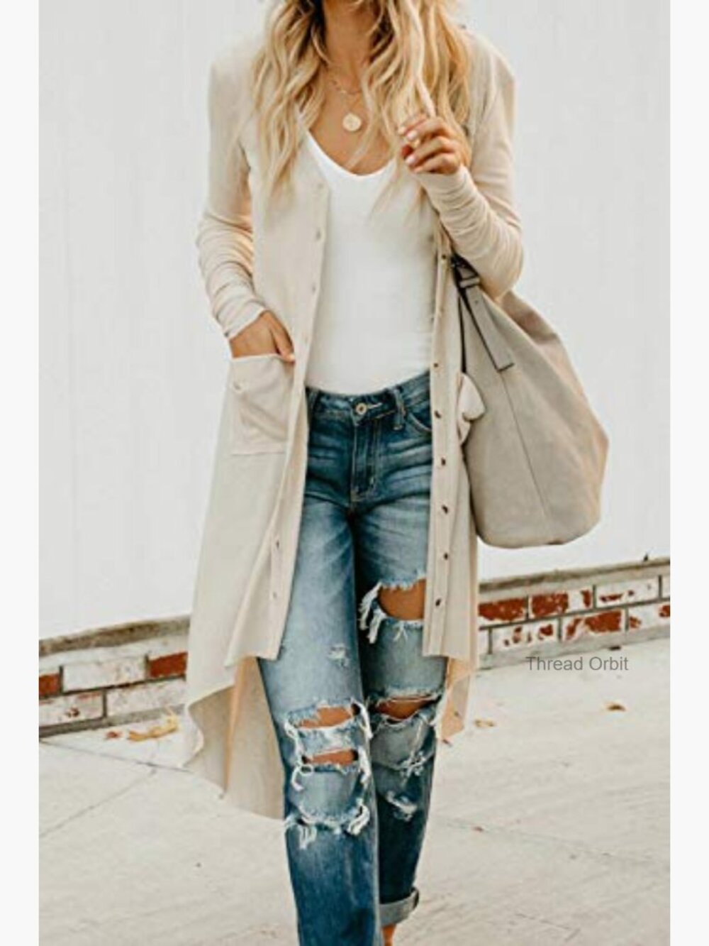 Open Front Cardigan with Pockets High Low Hem V-Neck - Picture 3 of 7